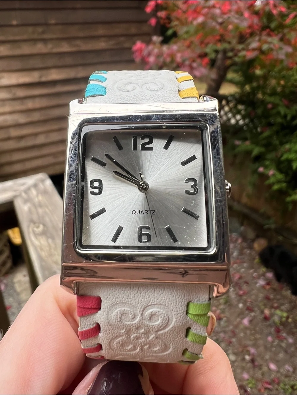 White Leather Cuff Watch with Multicolor Stitch Accents NWOT